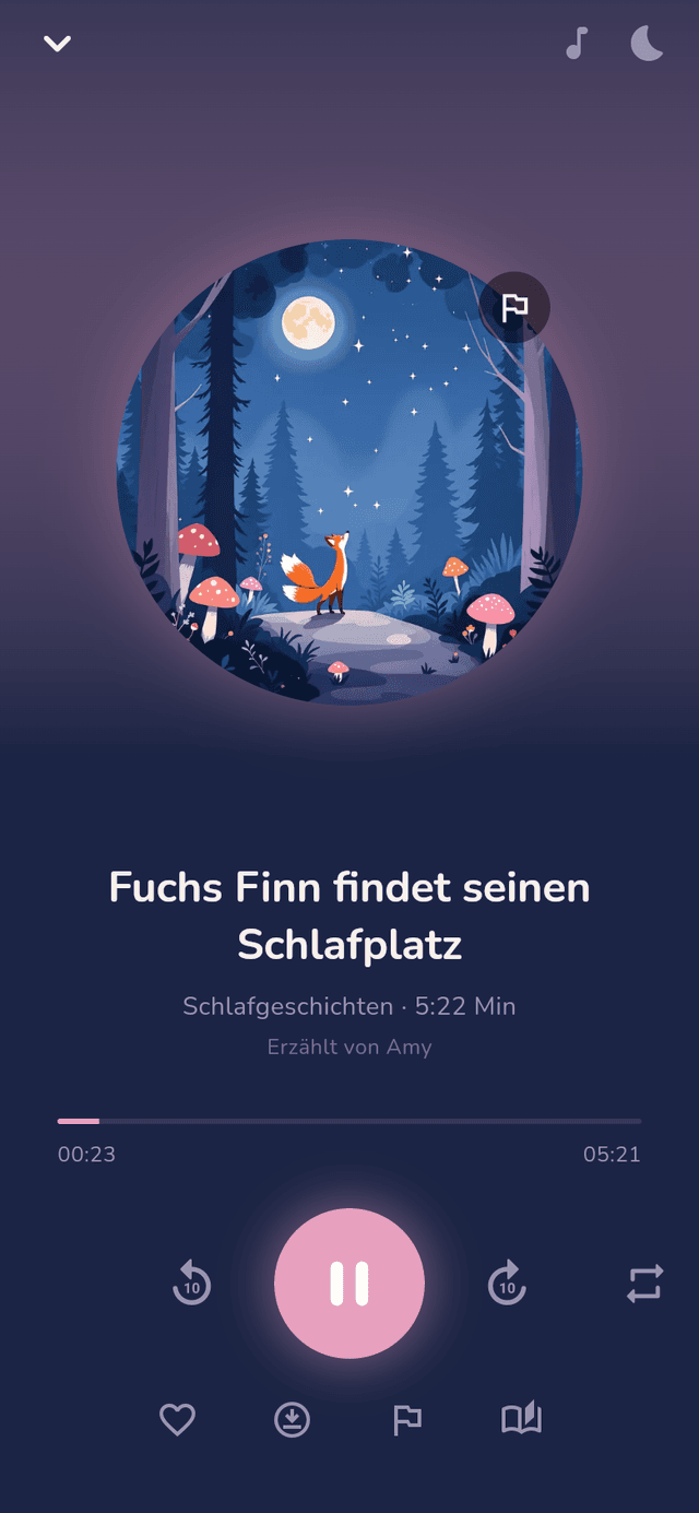 Nimola-App: Player mit der Schlafgeschichte „Fuchs Finn findet seinen Schlafplatz“, 5:22 Minuten, erzählt von Amy
