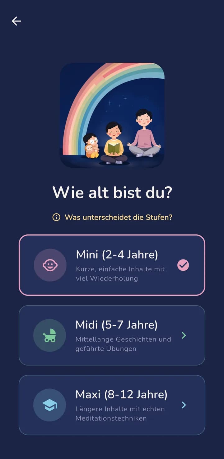 Nimola-App: Auswahl der Altersstufe Mini, Midi oder Maxi