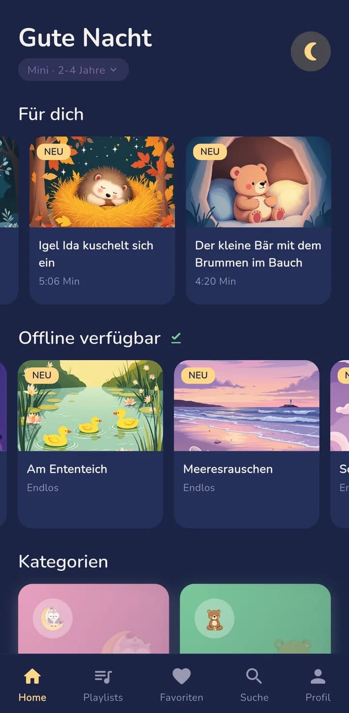 Nimola-App: Gute-Nacht-Bildschirm mit Schlafgeschichten und Klangwelten