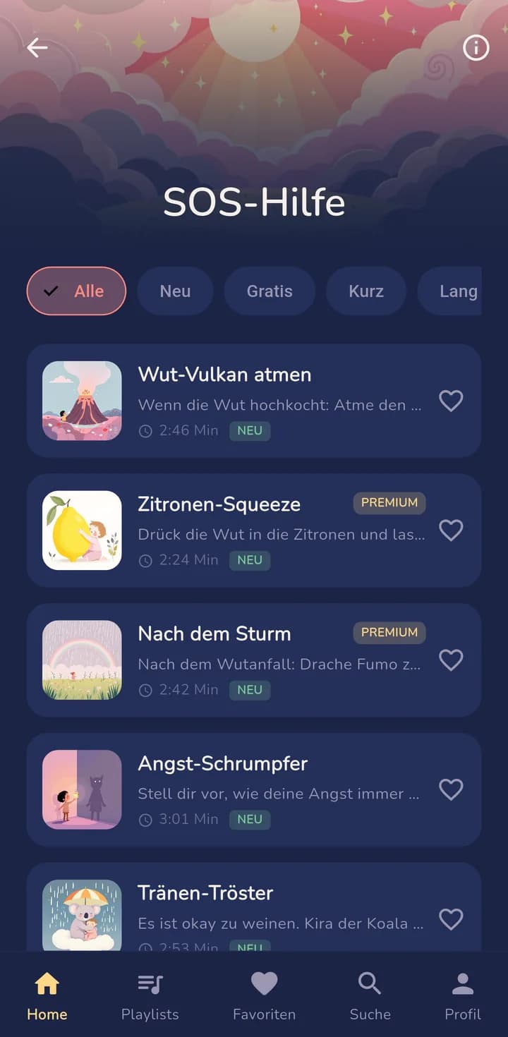 Nimola-App: SOS-Hilfe mit Übungen wie Wut-Vulkan atmen und Tränen-Tröster